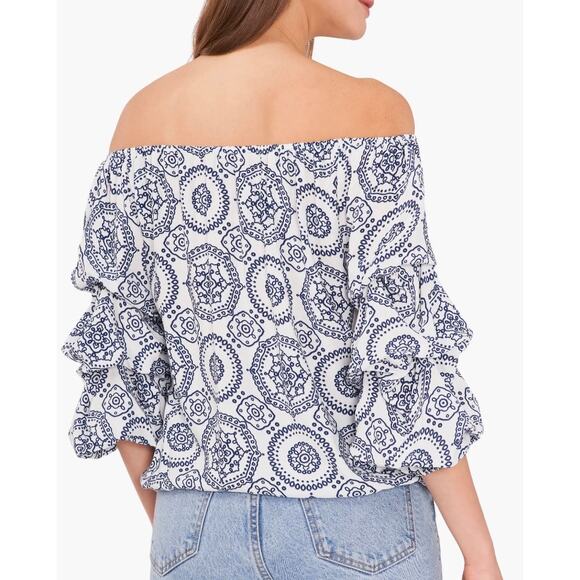 NWT Vince Camuto Off-the-Shoulder Blouse – White Denim Print, Women’s XS - Picture 2 of 5